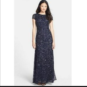 Adrianna Papell navy blue sequined gown